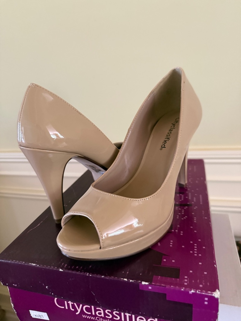 Cityclassified Nude/Beige Patent Peep-Toe Pumps